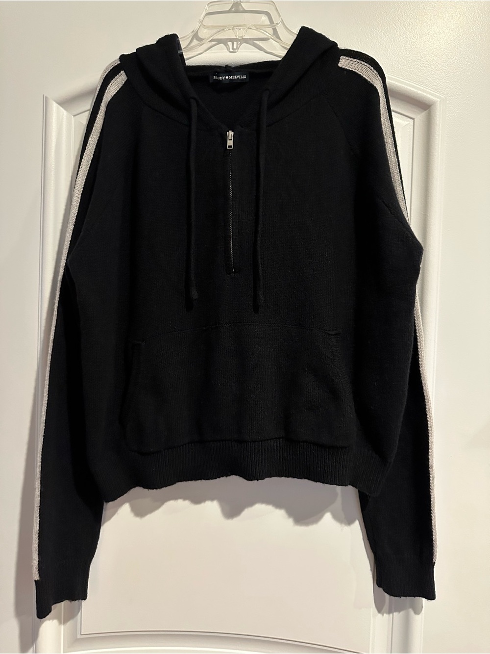 Brandy Melville Black Half-Zip Hoodie with White Side Stripes Size Small